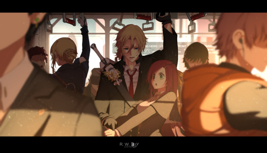 2girls alternate_universe blonde_hair blue_eyes brother_and_sister cameo commentary crowd dishwasher1910 future green_eyes izetta_arc jaune_arc multiple_girls older red_neckwear rwby siblings train_interior violet_evergarden violet_evergarden_(character)
