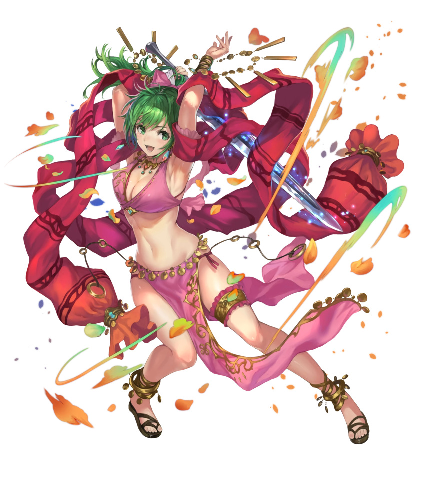 anklet armpits arms_up bangs bare_shoulders bow breasts cleavage dancer fire_emblem fire_emblem:_seisen_no_keifu fire_emblem_heroes full_body green_eyes hair_bow highres holding holding_sword holding_weapon jewelry leen_(fire_emblem) long_hair medium_breasts midriff official_art open_mouth pelvic_curtain petals ponytail sandals smile solo sword thigh_strap transparent_background weapon yoshiku_(oden-usagi)