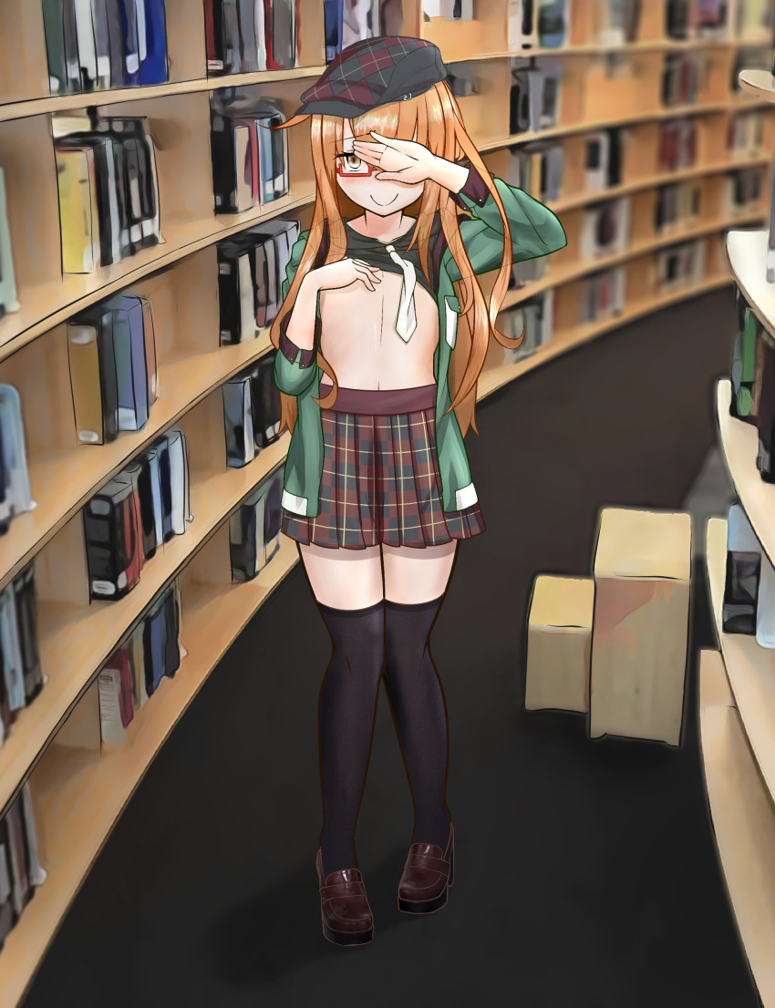 1girl absurdres aliasing arm_up artist_request black_legwear black_shirt blush book bookshelf brown_footwear exhibitionism eyebrows_visible_through_hair female flat_chest full_body glasses green_jacket hand_on_own_chest hand_up hat highres indoors jacket kantai_collection knees_together_feet_apart library lifted_by_self long_hair long_sleeves looking_at_viewer matching_hair/eyes mochizuki_(kantai_collection) necktie nose_blush orange_eyes orange_hair plaid plaid_skirt pleated_skirt red-framed_eyewear salute shirt_lift shoes skirt smile solo standing thighhighs white_neckwear zettai_ryouiki
