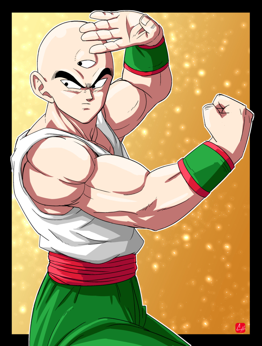 bald black_border black_eyes border chris_re5 clenched_hand dragon_ball dragon_ball_z fighting_stance from_side highres looking_to_the_side male_focus muscle outline outside_border serious signature solo tank_top tenshinhan third_eye wristband