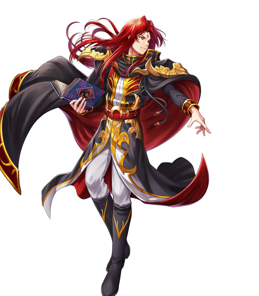 belt black_cape black_coat black_footwear book boots cape chachie coat commentary evil_smile facial_mark fire_emblem fire_emblem:_seisen_no_keifu fire_emblem_heroes forehead_mark full_body highres holding holding_book holding_cape lips long_coat long_hair long_sleeves looking_to_the_side male_focus official_art pants pointing pointing_at_viewer red_eyes red_hair shoulder_pads sidelocks smile transparent_background white_pants yurius_(fire_emblem)