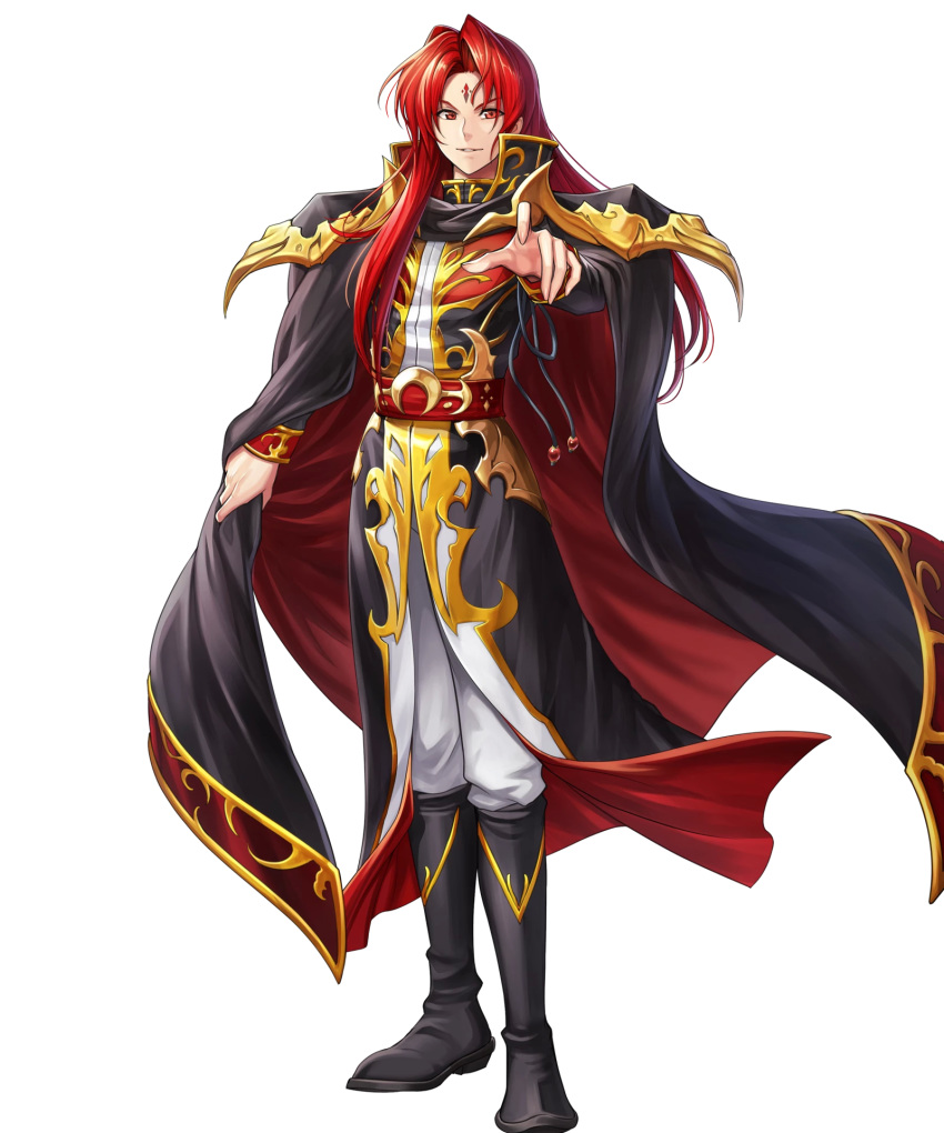 belt black_cape black_coat black_footwear boots cape chachie coat commentary evil_smile facial_mark fire_emblem fire_emblem:_seisen_no_keifu fire_emblem_heroes forehead_mark full_body highres holding_cape lips long_coat long_hair long_sleeves male_focus official_art pants parted_lips pointing pointing_at_viewer red_eyes red_hair shoulder_pads sidelocks smile transparent_background white_pants yurius_(fire_emblem)