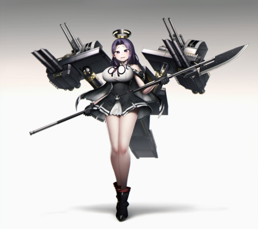:d black_footwear black_gloves black_skirt blush boots breasts cannon commentary_request glaive gloves gradient gradient_background grey_background halo harau high-waist_skirt high_heel_boots high_heels highres holding holding_weapon kantai_collection large_breasts legs_together looking_at_viewer machinery mechanical_halo neck_ribbon open_mouth polearm purple_eyes purple_hair red_neckwear red_ribbon remodel_(kantai_collection) ribbon rigging skirt smile solo standing tatsuta_(kantai_collection) weapon
