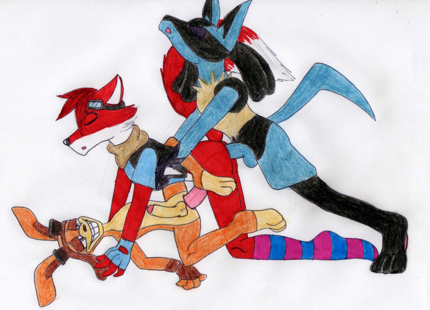 anthro backless_gloves balls black_fur blue_fur canine clothing daxter erection eyes_closed eyewear fingerless_gloves fire_island_entertainment fox fur gloves goggles group group_sex jak_and_daxter knee_socks legwear lucario male male/male mammal maxamilion_the_fox mustelid nintendo ottsel pattern_clothing penis pok&eacute;mon pok&eacute;mon_(species) scarf sex shirt smile socks sonicyaoihaven striped_clothing striped_footwear striped_legwear stripes threesome train_position vest video_games yellow_fur