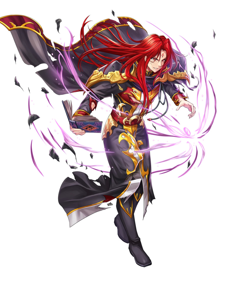 annoyed belt black_cape black_coat black_footwear boots cape chachie coat commentary energy energy_ball facial_mark fire_emblem fire_emblem:_seisen_no_keifu fire_emblem_heroes forehead_mark full_body highres holding_cape injury lips long_coat long_hair long_sleeves male_focus official_art pants parted_lips pointing pointing_at_viewer red_eyes red_hair shoulder_pads sidelocks smile torn_cape torn_clothes torn_coat torn_sleeves transparent_background white_pants yurius_(fire_emblem)