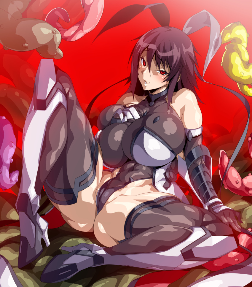 absurdres anime_coloring ass bangs bare_shoulders black_legwear black_leotard blush breasts cameltoe covered_navel covered_nipples deep_skin elbow_gloves full_body gloves hair_ribbon high_heels highres huge_breasts leotard long_hair looking_at_viewer mizuki_shiranui murakami_teruaki_(style) naughty_face parody parted_lips potion_(moudamepo) red_background red_eyes ribbon shiny shiny_clothes shiny_hair shiny_skin sitting skin_tight smile solo spread_legs style_parody taimanin_(series) taimanin_yukikaze teeth tentacles thighhighs thighs