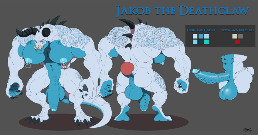 2018 abs anthro anus backsack balls biceps big_balls big_muscles big_pecs big_penis blue_eyes blue_scales claws deathclaw erection facial_piercing fallout flaccid front_view horn hunched_over hyper hyper_muscles invalid_tag jakob_(leodragonarts) male model_sheet muscular navel nipple_piercing nipples nose_piercing nose_ring nude pecs penis piercing ragnarokdragon rear_view ridged_penis scales solo spines standing teeth thick_thighs tusks vein veiny_penis video_games