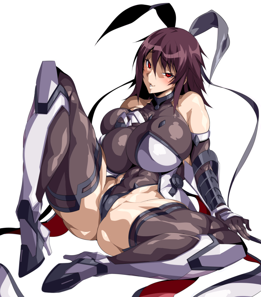 absurdres anime_coloring ass bangs bare_shoulders black_legwear black_leotard blush breasts cameltoe covered_navel deep_skin elbow_gloves full_body gloves hair_ribbon high_heels highleg highleg_leotard highres huge_breasts leotard long_hair looking_at_viewer mizuki_shiranui murakami_teruaki_(style) naughty_face parody parted_lips potion_(moudamepo) red_eyes ribbon shiny shiny_clothes shiny_hair shiny_skin simple_background sitting skin_tight smile solo spread_legs style_parody taimanin_(series) taimanin_yukikaze teeth thighhighs thighs white_background