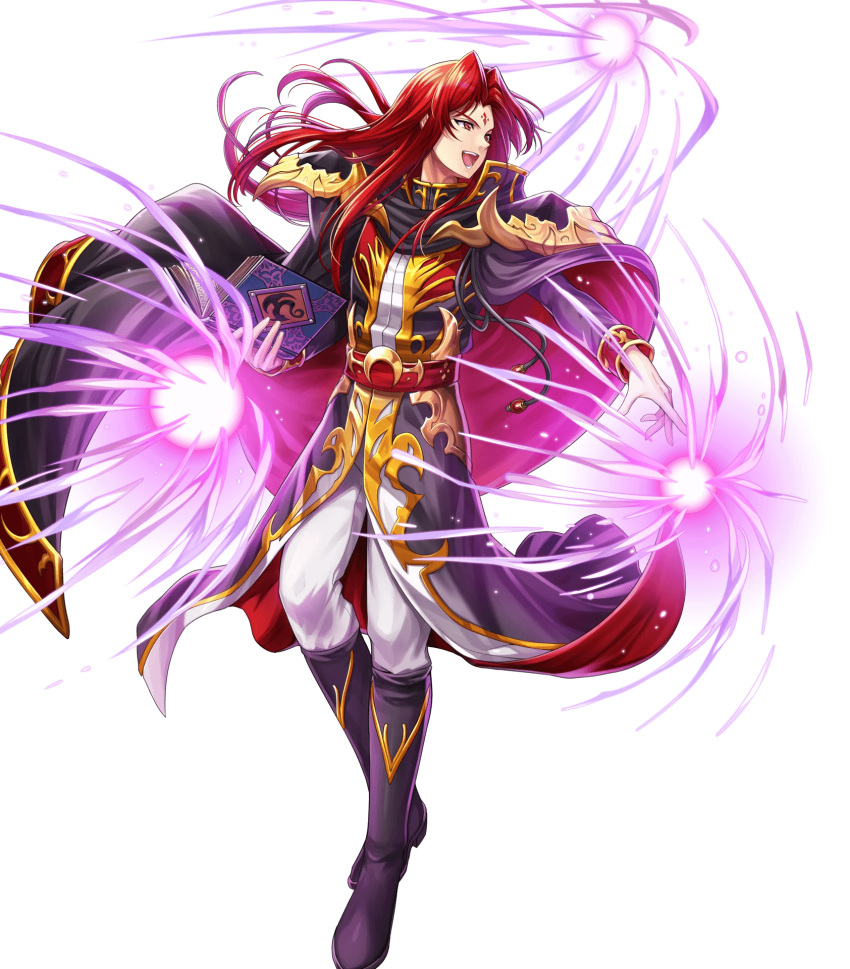 belt black_cape black_coat black_footwear book boots cape chachie coat commentary energy energy_ball evil_smile facial_mark fire_emblem fire_emblem:_seisen_no_keifu fire_emblem_heroes forehead_mark full_body highres holding holding_book holding_cape lips long_coat long_hair long_sleeves looking_to_the_side male_focus official_art open_mouth pants pointing pointing_at_viewer red_eyes red_hair shoulder_pads sidelocks smile transparent_background white_pants yurius_(fire_emblem)