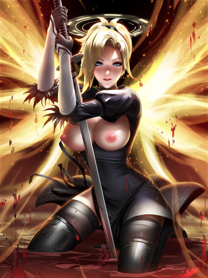 absurdres black_dress blonde_hair blue_eyes breasts cleavage cleavage_cutout cosplay covered_navel dress energy_wings feather-trimmed_sleeves halo highres large_breasts liang_xing lips looking_at_viewer mercy_(overwatch) mole mole_under_mouth nier_(series) nier_automata nipples overwatch paid_reward parted_lips patreon_reward pink_lips solo sword thighhighs wading weapon yorha_no._2_type_b yorha_no._2_type_b_(cosplay)