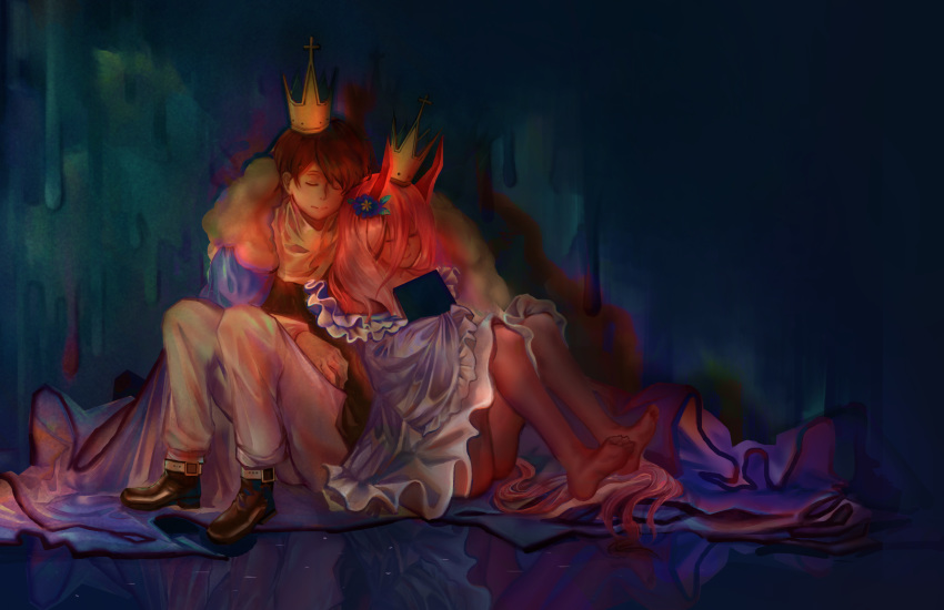 1boy 1girl barefootcrown black_footwear black_hair book boots commentary_request couple darling_in_the_franxx dress ei_(winnie5111) eyes_closed fringe hiro_(darling_in_the_franxx) horns long_hair oni_horns pink_hair red_horns red_skin short_hair sitting sitting_on_person white_dress zero_two_(darling_in_the_franxx)