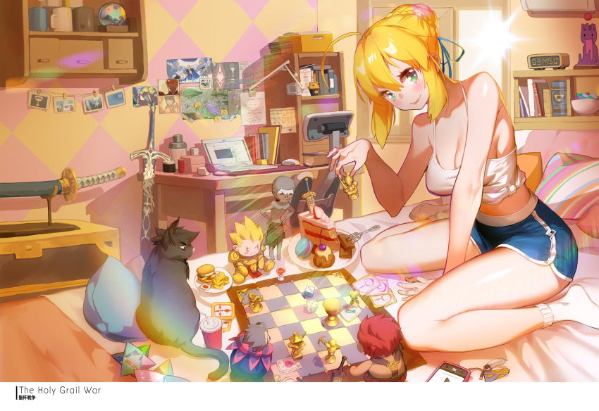 absurdres ahoge alarm_clock animalization artoria_pendragon_(all) assassin_(fate/zero) bed blonde_hair breasts card casual cat chair character_doll chess_piece chessboard cleavage clock commentary computer desk emiya_kiritsugu emiya_shirou english_commentary fate/grand_order fate/stay_night fate/zero fate_(series) gilgamesh grail-kun green_eyes hair_bun hair_ribbon henry_davis highres jeanne_d'arc_(fate) jeanne_d'arc_(fate)_(all) laptop lens_flare light_rays looking_at_viewer mash_kyrielight on_bed photo_(object) pillow playing_card ribbon rider_(fate/zero) room saber scabbard sheath shirt short_shorts shorts sitting smile solo sword tank_top tied_shirt toosaka_rin wariza weapon