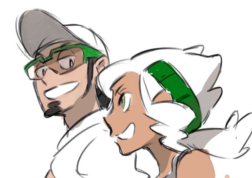 1girl bare_shoulders baseball_cap black_hair burnet_(pokemon) dark_skin dark_skinned_male eyebrows eyelashes from_side grey_eyes half-closed_eyes hat highres husband_and_wife kukui_(pokemon) labcoat long_hair looking_at_another pokemon pokemon_(game) pokemon_sm simple_background sketch smile sugimori_ken sunglasses upper_body white_background white_hair white_hat