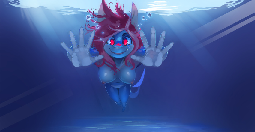 absurd_res anthro arcaide areola bikini bikini_bottom breasts bubble clothed clothing female fish hair hi_res marine nipples on_glass red_eyes red_hair shark sharp_teeth shnider smile solo stripes swimsuit teeth topless underwater water widescreen