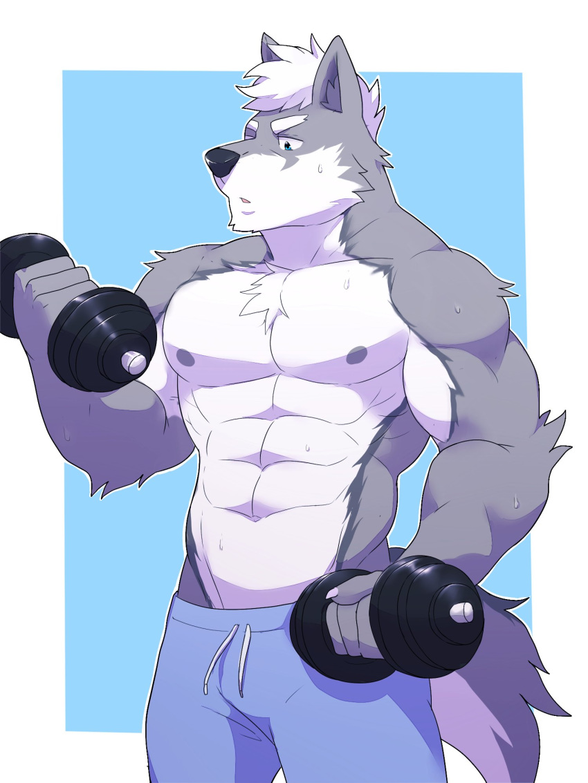 2018 abs anthro biceps black_nose canine chest_tuft clothing fur hi_res male mammal muscular muscular_male nipples o-ro pecs simple_background tuft wolf