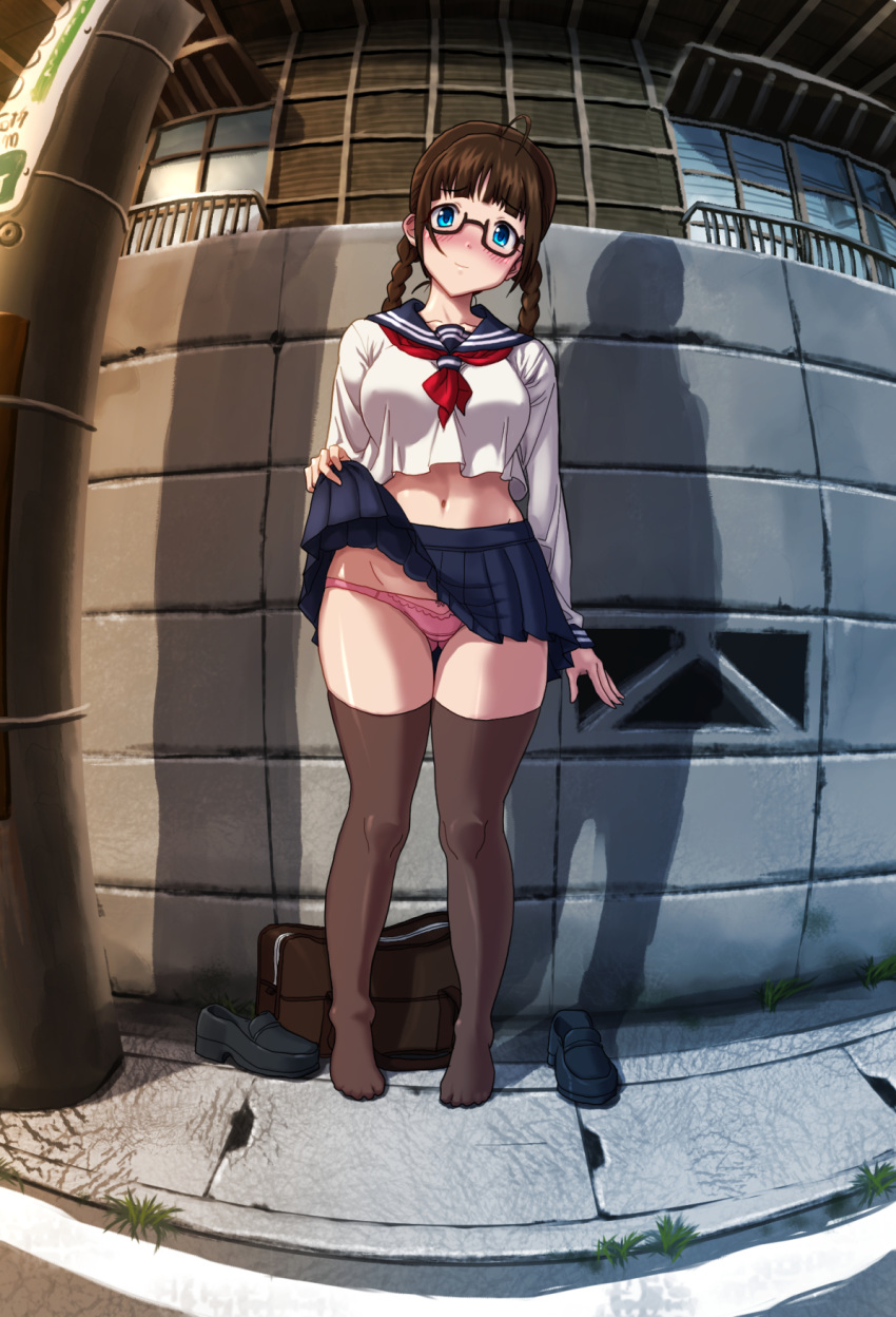 ahoge aqua_eyes ass_visible_through_thighs bag bangs belly_peek black-framed_eyewear black_legwear blue_sailor_collar blue_skirt blush bow bow_panties braid breasts brown_hair building collarbone commentary_request crack crop_top crop_top_overhang curvy day double_horizontal_stripe fisheye flashing full_body glasses head_tilt highres impossible_clothes impossible_shirt kezune_(i-_-i) large_breasts lifted_by_self light_smile loafers long_hair long_sleeves looking_at_viewer lowleg lowleg_panties miniskirt navel neckerchief no_shoes nose_blush original outdoors panties pink_panties pleated_skirt power_lines red_neckwear reflection sailor_collar school_bag school_uniform semi-rimless_eyewear serafuku shadow shirt shoes shoes_removed sidewalk skirt skirt_lift solo standing stomach telephone_pole thighhighs tiptoes twin_braids twintails under-rim_eyewear underwear wall white_shirt