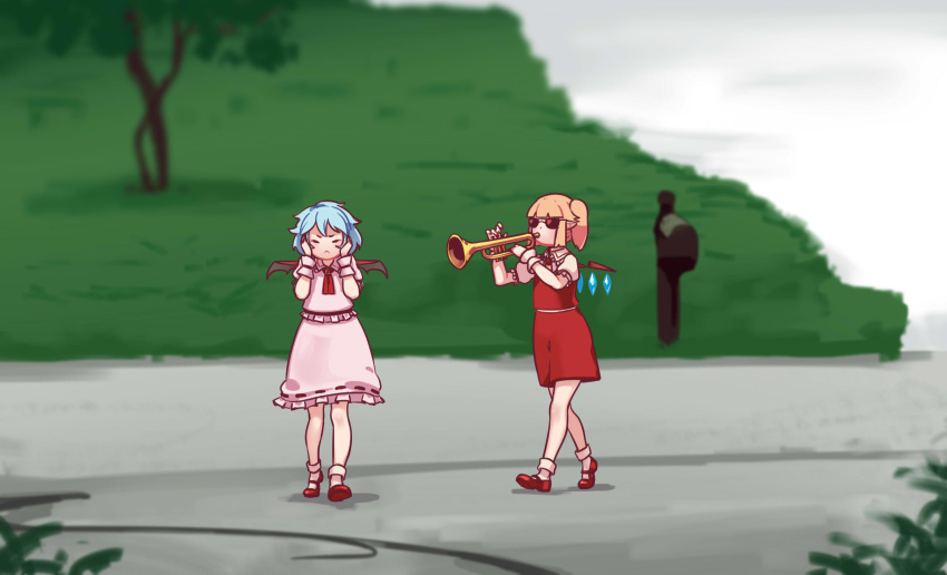 :&lt; ascot bat_wings blonde_hair blouse blue_hair brooch closed_eyes closed_mouth commentary covering_ears crystal day flandre_scarlet hands_up highres holding holding_instrument instrument jewelry mary_janes medium_hair medium_skirt meme multiple_girls music no_headwear outdoors pink_blouse pink_skirt playing_instrument pointy_ears puffy_short_sleeves puffy_sleeves red_footwear red_skirt red_vest remilia_scarlet shoes short_hair short_sleeves siblings side_ponytail sisters skirt skirt_set socks touhou trumpet trumpet_boy vest walking wings wrist_cuffs yellow_neckwear yoruny
