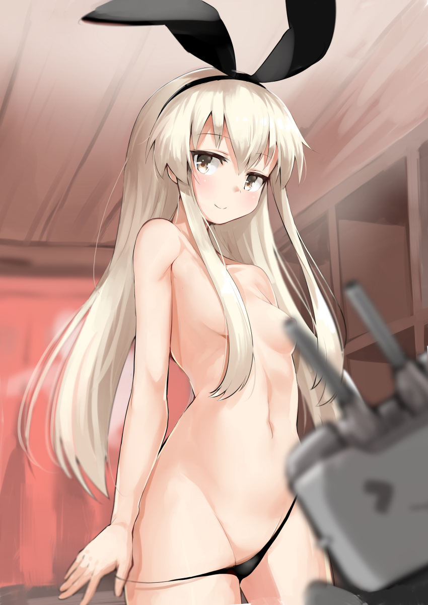&gt;_&lt; absurdres black_hairband black_panties blonde_hair blurry blush breasts closed_mouth commentary_request convenient_censoring convenient_head eyebrows hair_between_eyes hair_censor hair_over_one_breast hairband haru_(renol) highres indoors kantai_collection long_hair looking_at_viewer navel panties rensouhou-chan shimakaze_(kantai_collection) small_breasts smile standing topless underwear undressing yellow_eyes