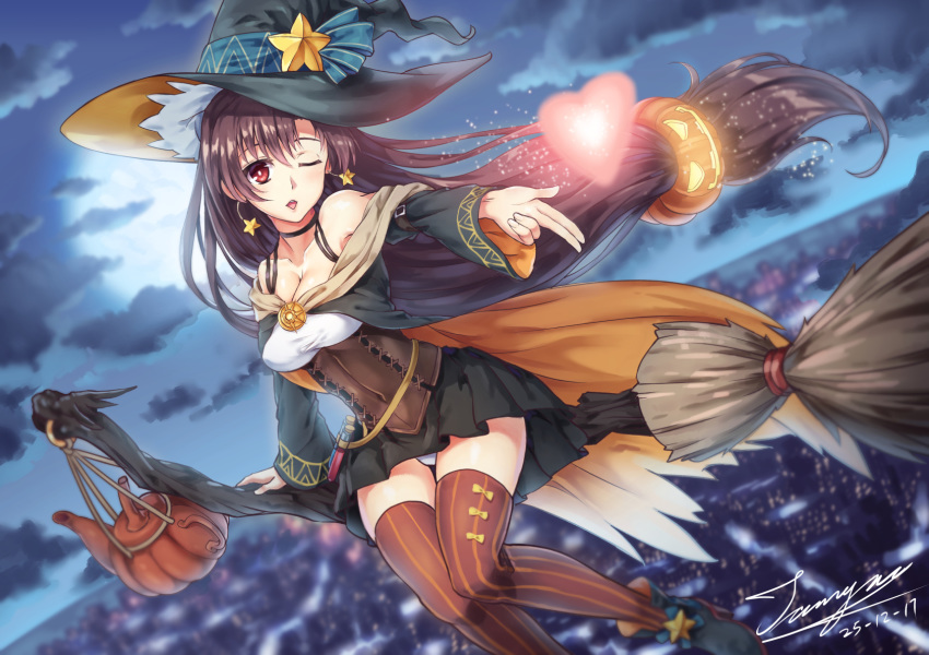 alternate_costume ankle_boots arm_strap bangs bare_shoulders blown_kiss blurry blurry_background boots bow_legwear breasts broom broom_riding choker cityscape cleavage cloud commentary_request corset dated earrings feet_out_of_frame floating_hair full_moon girls_frontline gun hair_between_eyes hair_ornament halloween hat heart high_heels highres jewelry kettle light_particles long_hair looking_at_viewer low-tied_long_hair moon night night_sky off_shoulder one_eye_closed open_mouth panties pantyshot pantyshot_(sitting) pumpkin purple_eyes purple_hair sidelocks sidesaddle signature sitting sky smile solo star star_(sky) star_earrings starry_sky striped striped_legwear tama_yu test_tube thighhighs thighs type_64_(girls_frontline) underwear weapon white_panties witch witch_hat
