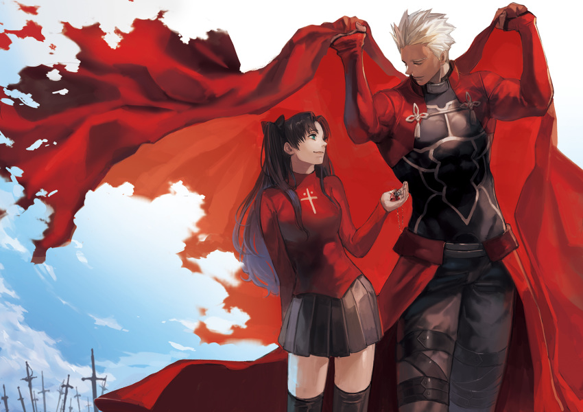 1girl archer armor black_hair black_legwear black_skirt body_armor cape cape_lift cloud commentary_request covering dark_skin dark_skinned_male day fate/stay_night fate_(series) field_of_blades hair_ribbon highres holding_cape jakojakojako long_hair planted_sword planted_weapon pleated_skirt red_cape ribbon short_hair skirt sky smile sweater sword thighhighs toosaka_rin turtleneck two_side_up unlimited_blade_works weapon white_hair zettai_ryouiki