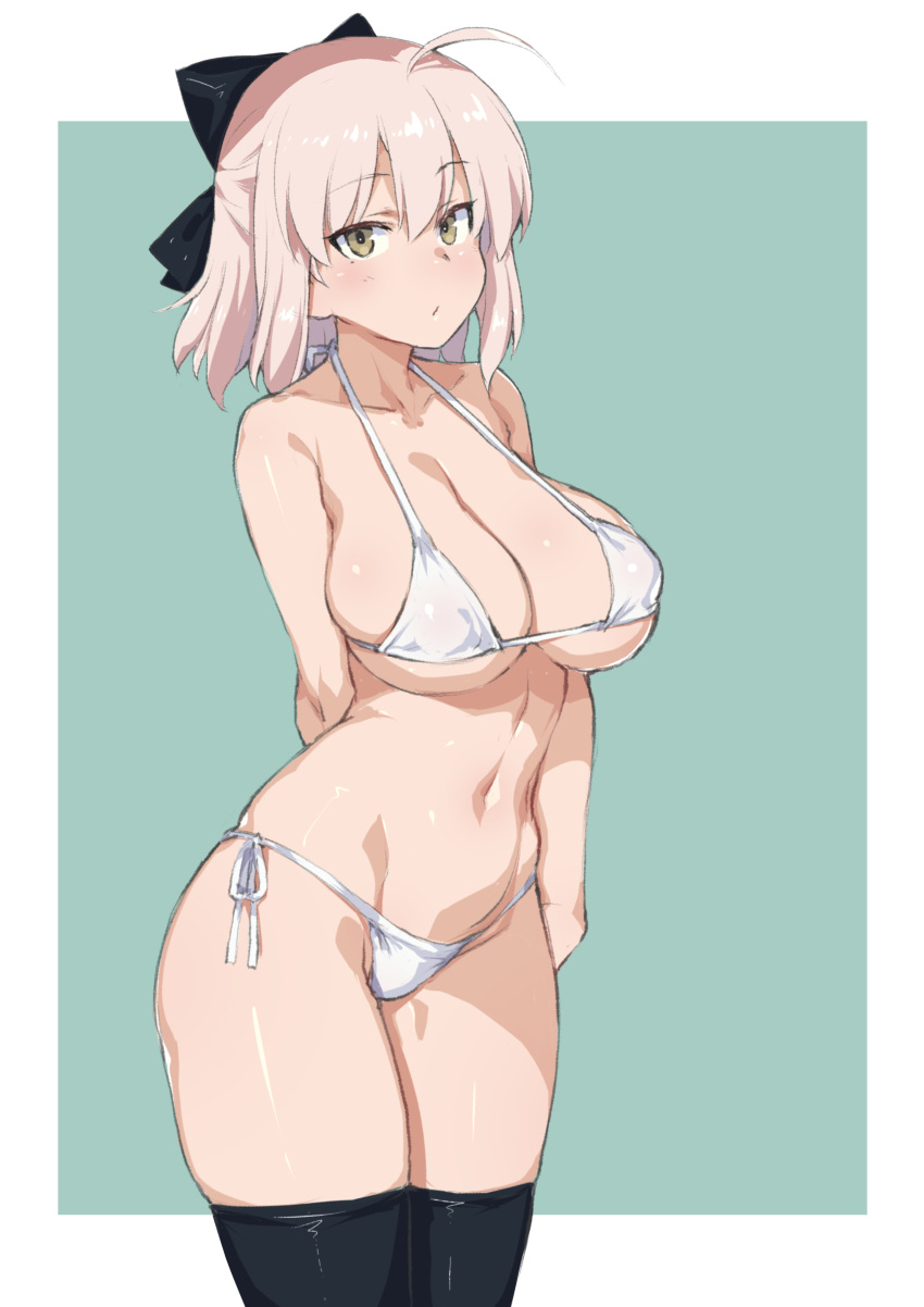 absurdres ahoge arms_behind_back bikini black_bow black_legwear blue_background bow breasts cowboy_shot expressionless eyebrows_visible_through_hair fate/grand_order fate_(series) half_updo halter_top halterneck highres koha-ace large_breasts looking_at_viewer okita_souji_(fate) okita_souji_(fate)_(all) pink_hair shiny shiny_skin short_hair side-tie_bikini solo standing swimsuit thighhighs try white_bikini yellow_eyes