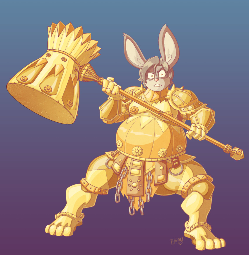 2016 anthro armor arthur_(lapinbeau) buckteeth chain dark_souls executioner_smough fantasy glare gradient_background hammer hi_res lagomorph lapinbeau male mammal metal nipples overweight overweight_male pink_nose plate_armor rabbit simple_background solo spread_legs spreading teeth tools video_games warrior yellow_eyes