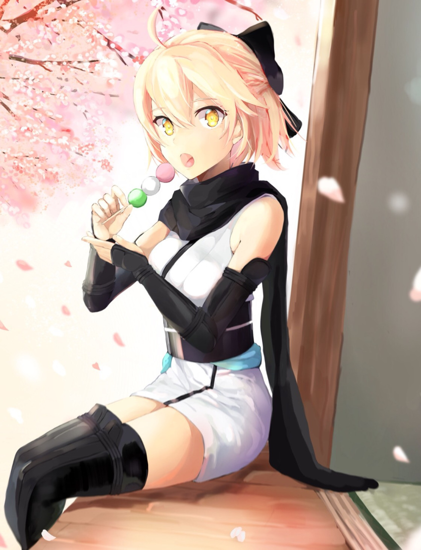 ahoge bangs black_bow black_legwear black_scarf blonde_hair bow cherry_blossoms dango day detached_sleeves fate/grand_order fate_(series) food hair_between_eyes hair_bow half_updo highres holding holding_food japanese_clothes kano_(kanokano44) kimono obi okita_souji_(fate) okita_souji_(fate)_(all) open_mouth outdoors sash scarf short_hair short_kimono sitting sleeveless sleeveless_kimono solo thighhighs tree wagashi white_kimono yellow_eyes