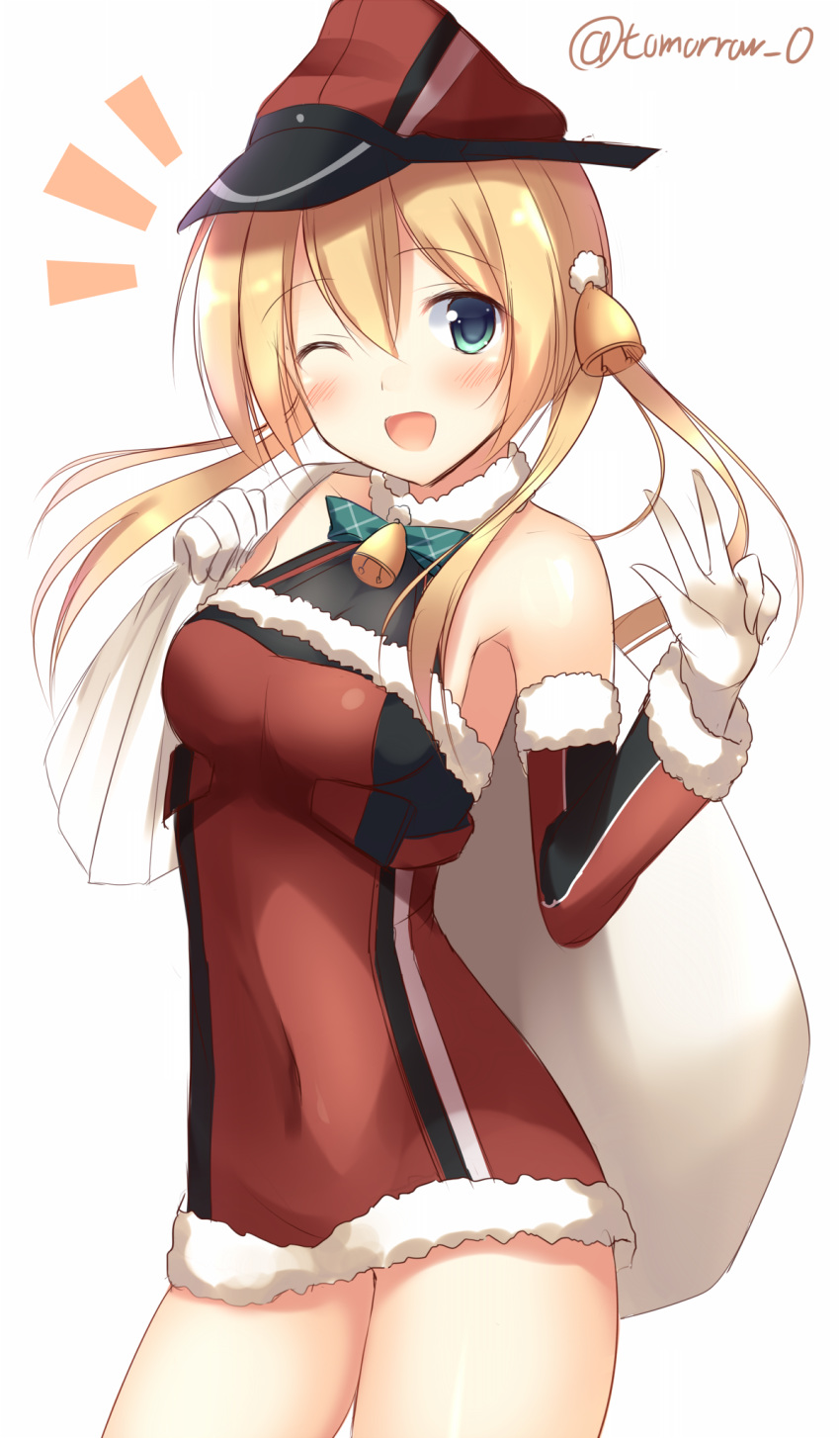 ;d bag bangs bell blonde_hair blue_eyes blunt_bangs blush breasts covered_navel cowboy_shot detached_sleeves dress eyebrows_visible_through_hair fur_trim gift_bag gloves hair_bell hair_between_eyes hair_ornament hat highres holding holding_bag kantai_collection long_hair looking_at_viewer medium_breasts one_eye_closed open_mouth prinz_eugen_(kantai_collection) red_dress red_hat santa_costume short_dress sideboob signature simple_background sketch sleeveless sleeveless_dress smile solo standing tomoo_(tomo) w white_background white_gloves