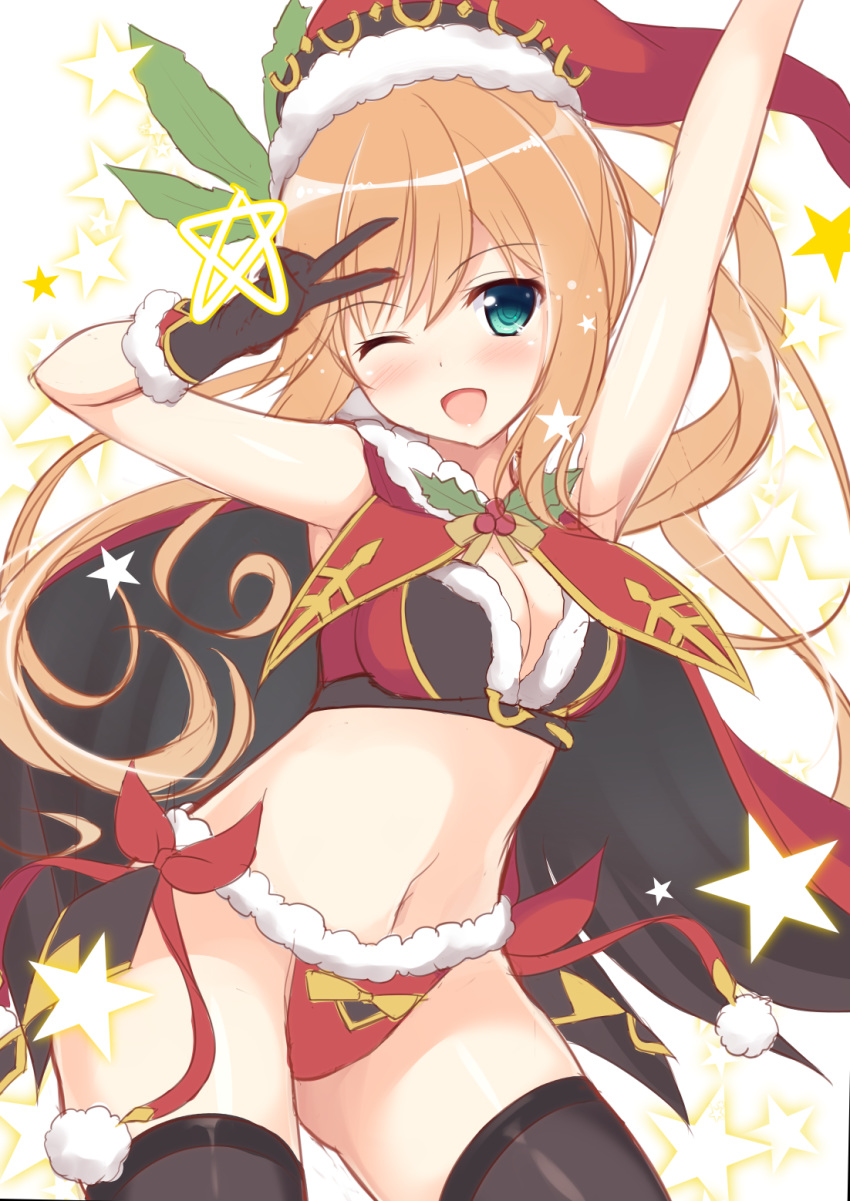 ;d arm_up bangs black_gloves black_legwear blonde_hair bra breasts cape clarisse_(granblue_fantasy) cleavage eyebrows_visible_through_hair floating_hair fur_trim gloves granblue_fantasy green_eyes groin hair_between_eyes hat highres long_hair medium_breasts midriff navel one_eye_closed open_mouth panties red_bra red_cape red_hat red_panties santa_hat sketch smile solo star thighhighs tomoo_(tomo) underwear v white_background