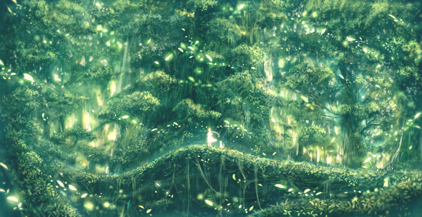 ahoge cat commentary_request dress forest glowing green light_particles long_hair nature original ponytail sakimori_(hououbds) scenery silhouette solo standing tree