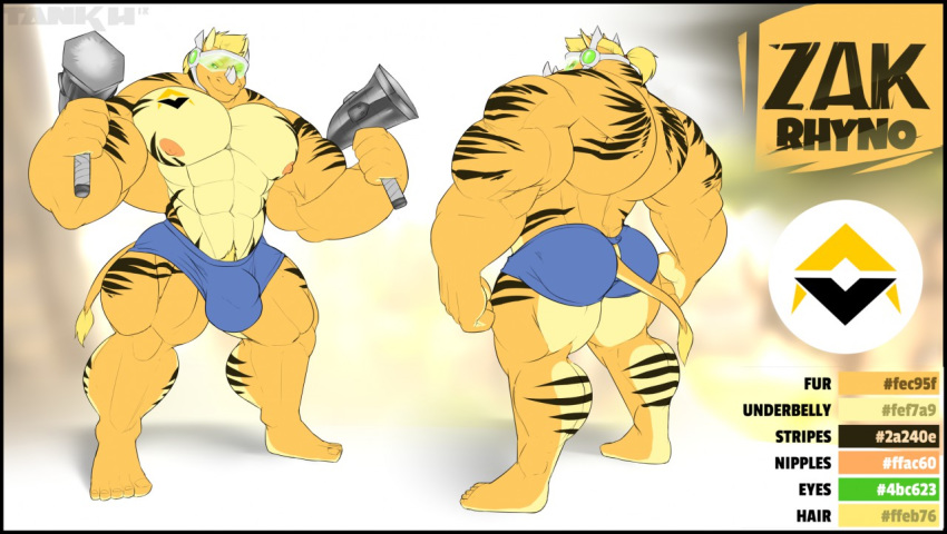 anthro big_bulge bulge butt clothed clothing dual_wielding hammer holding_object holding_weapon hyper male mammal model_sheet muscular overwatch pants pecs rhinoceros solo tankh tools topless video_games visor weapon zakrhyno