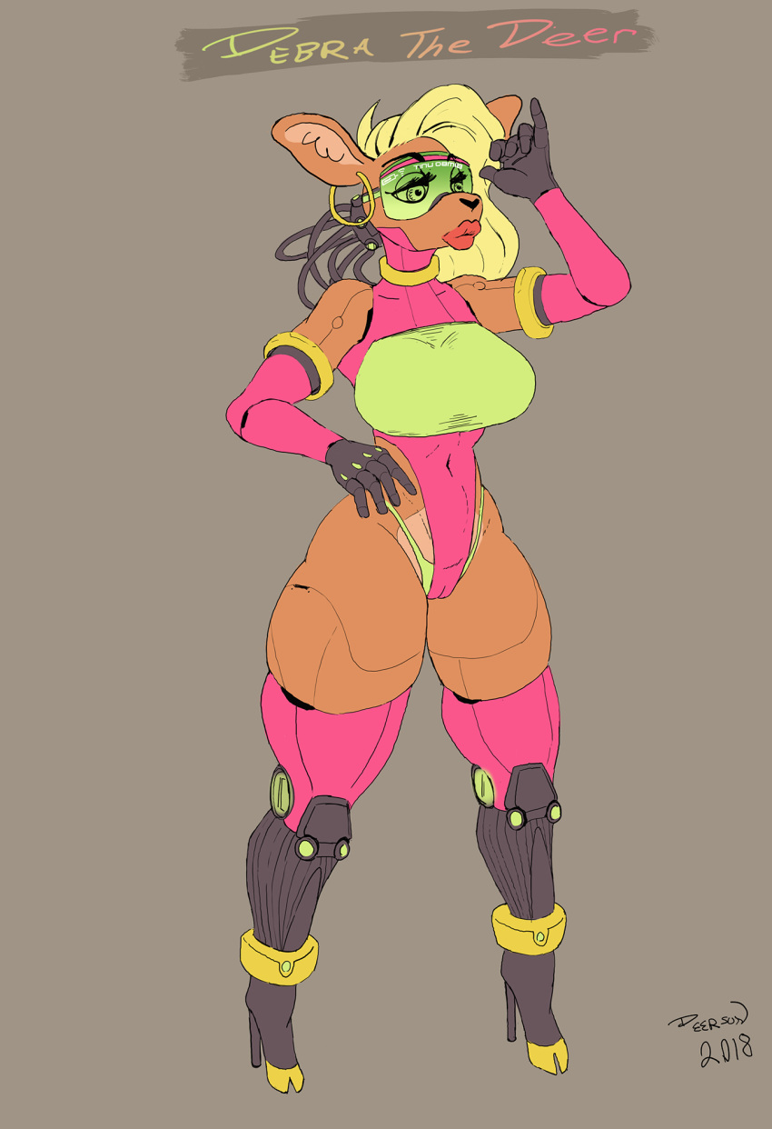 2018 anthro big_breasts breasts cervine clothing cybernetics cyborg debra_deeks deersun female footwear high_heels machine mammal sexbot shoes simple_background solo thick_thighs