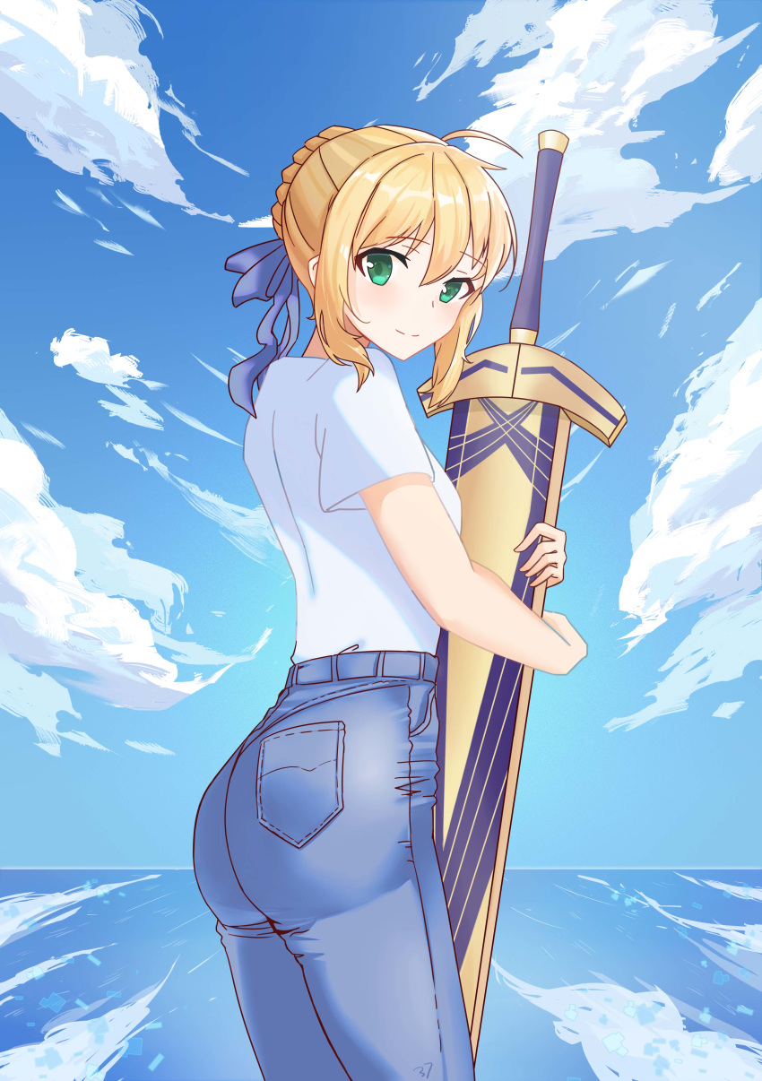 1girl 777._(pixiv) absurdres ahoge artoria_pendragon_(all) blonde_hair blue_pants blue_ribbon blue_sky braided_bun cloud cowboy_shot day eyebrows_visible_through_hair fate/stay_night fate_(series) green_eyes hair_between_eyes hair_ribbon highres holding holding_sword holding_weapon looking_at_viewer outdoors pants pixiv_fate/grand_order_contest_1 ribbon saber sheath sheathed shiny shiny_hair shirt short_sleeves sidelocks sky solo standing sword tied_hair weapon white_shirt