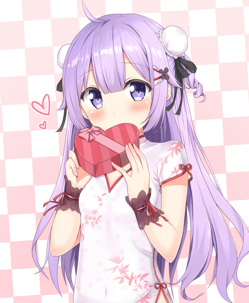 ahoge azur_lane bad_id bad_pixiv_id bangs black_ribbon blush box breasts bun_cover checkered checkered_background china_dress chinese_clothes commentary covered_mouth covered_navel double_bun dress gift gift_box hair_between_eyes hands_up head_tilt heart heart-shaped_box highres holding holding_gift kyuujou_komachi long_hair looking_at_viewer purple_hair ribbon short_sleeves side_bun sidelocks small_breasts solo unicorn_(azur_lane) upper_body very_long_hair white_dress wrist_cuffs