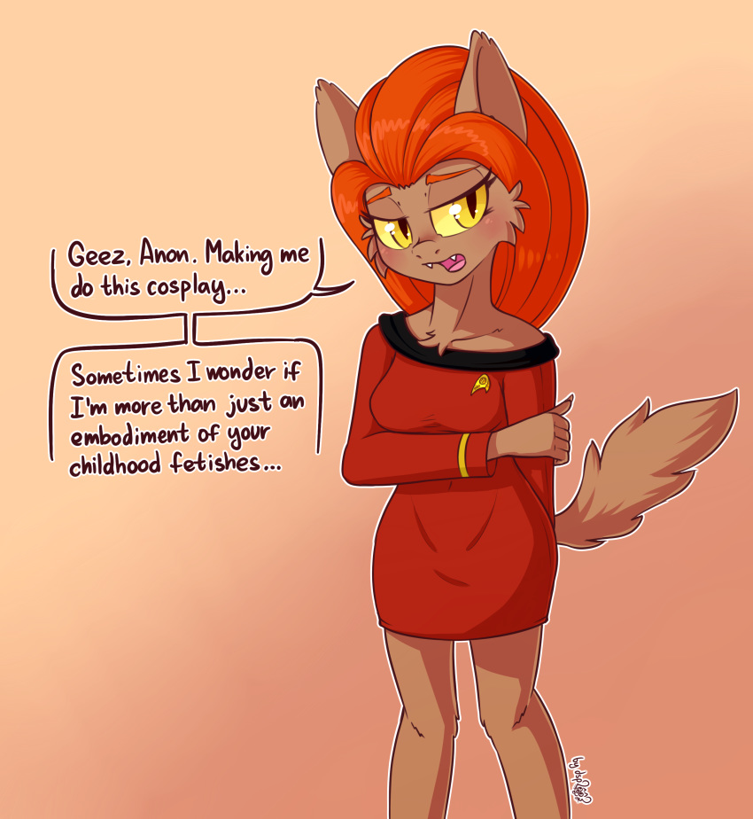 anthro canine clothing cosplay crossover dialogue dsp2003 english_text eyelashes female ghoul_school hair m'ress mammal scooby-doo_(series) smile solo star_trek_the_animated_series sweater text were werewolf winnie_werewolf