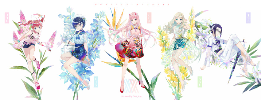 blonde_hair blue_eyes blue_hair darling_in_the_franxx dress ekita_xuan flowers glasses green_eyes group horns ichigo_(darling_in_the_franxx) ikuno_(darling_in_the_franxx) kokoro_(darling_in_the_franxx) miku_(darling_in_the_franxx) pink_hair seifuku short_hair shorts skirt twintails umbrella zero_two