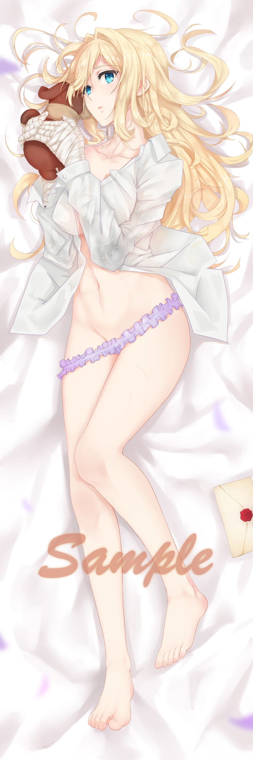absurdres barefoot bed_sheet blonde_hair blue_eyes breasts cleavage dakimakura dress_shirt evan_(912319) feet from_above full_body groin highres holding letter long_hair looking_at_viewer lying medium_breasts midriff navel ocean on_back open_clothes open_shirt panties panty_pull parted_lips purple_panties sample shirt solo stomach stuffed_animal stuffed_toy teddy_bear underwear violet_evergarden violet_evergarden_(character) white_shirt