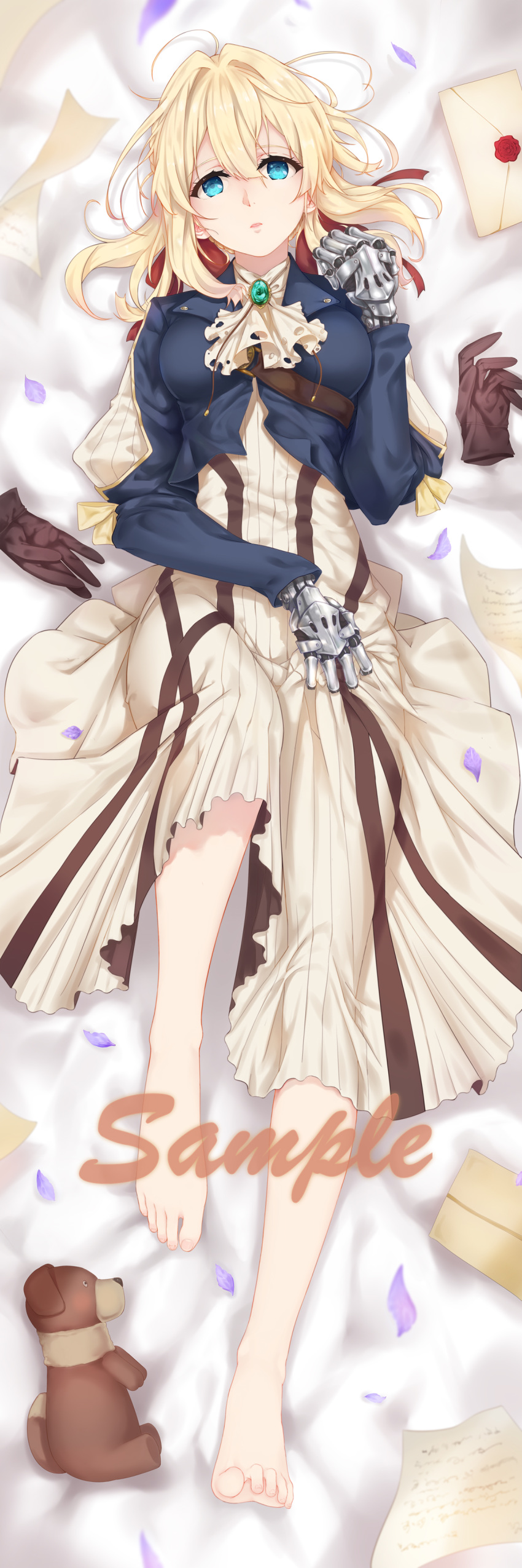 absurdres bangs barefoot bed_sheet blonde_hair blue_eyes breasts brown_gloves dakimakura dress evan_(912319) feet from_above gloves gloves_removed hair_ribbon highres letter long_dress long_hair looking_at_viewer lying medium_breasts on_back parted_lips prosthesis prosthetic_arm red_ribbon ribbon sample solo stuffed_animal stuffed_toy teddy_bear violet_evergarden violet_evergarden_(character) white_dress