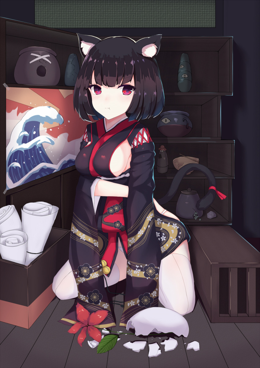 :t animal_ears azur_lane bangs bell black_hair black_kimono blush breasts broken cat_ears cat_girl cat_tail chinese_commentary cleavage closed_mouth commentary_request eyebrows_visible_through_hair filings_(ailuo_c) fine_art_parody flower highres indoors japanese_clothes jingle_bell kanagawa_okinami_ura kimono long_sleeves panties pantyhose parody pout red_eyes red_flower red_ribbon ribbon rising_sun shelf short_hair sideboob solo sunburst tail tail_ribbon tears underwear vase waves white_legwear white_panties wide_sleeves yamashiro_(azur_lane)