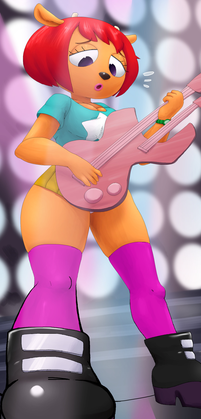 anthro breasts caprine clothing dream-cassette female fur guitar horn lammy_lamb mammal musical_instrument open_mouth orange_fur parappa_the_rapper red_horn sheep skirt sr upskirt video_games