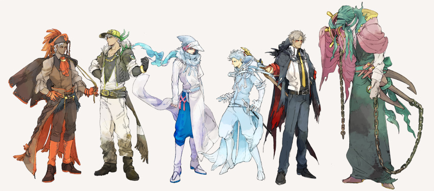 alolan_ninetales anchor belt black_footwear black_gloves black_hat black_pants black_shirt blonde_hair brown_footwear brown_vest cape chain covered_face dhelmise dirty_clothes elbow_gloves fur_trim gloves green_hair grey_hair hand_on_hip hat hat_removed headwear_removed highres honchkrow hood hood_down jacket_over_shoulder male_focus mudsdale multiple_boys necktie ngr_(nnn204204) ninetales orange_gloves orange_legwear orange_neckwear pants passimian personification pokemon primarina purple_cape red_eyes scarf sheath sheathed shirt shoulder_spikes spikes standing striped striped_scarf sword tattoo vest weapon white_footwear white_gloves white_hair yellow_neckwear