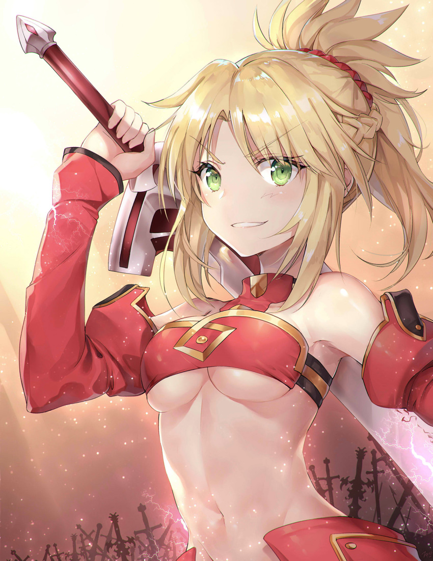 arm_up armpits bandeau bangs bare_shoulders blonde_hair braid breasts clarent commentary detached_collar detached_sleeves electricity eyebrows_visible_through_hair fate/apocrypha fate_(series) faulds french_braid green_eyes grin groin hair_ornament hair_scrunchie highres holding holding_sword holding_weapon light_particles light_rays long_sleeves looking_at_viewer medium_breasts medium_hair midriff mordred_(fate) mordred_(fate)_(all) navel outdoors over_shoulder parted_bangs planted_sword planted_weapon ponytail red_bandeau red_scrunchie scrunchie shiny shiny_hair sidelocks smile smirk solo stomach sunlight sword taro_(ultrataro) underboob upper_body v-shaped_eyebrows weapon weapon_over_shoulder