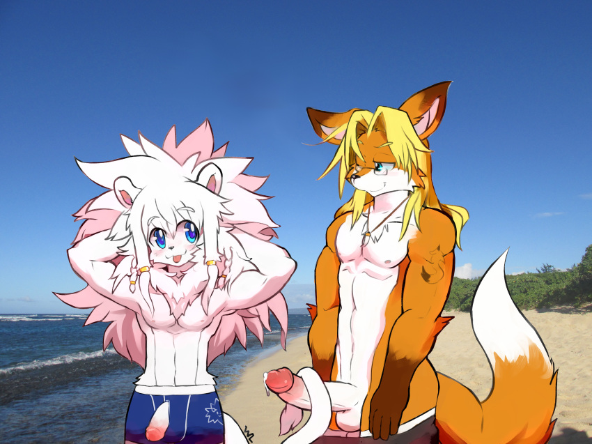 balls bangs beach blonde_hair blue_eyes clothed clothing cum duo erection eyewear fluffy fur girly glasses hair jcfox jewelry long_hair long_tail male necklace orange_hair penis seaside skimpy small_penis speedo swimming swimming_trunks swimsuit white_fur whiteleo