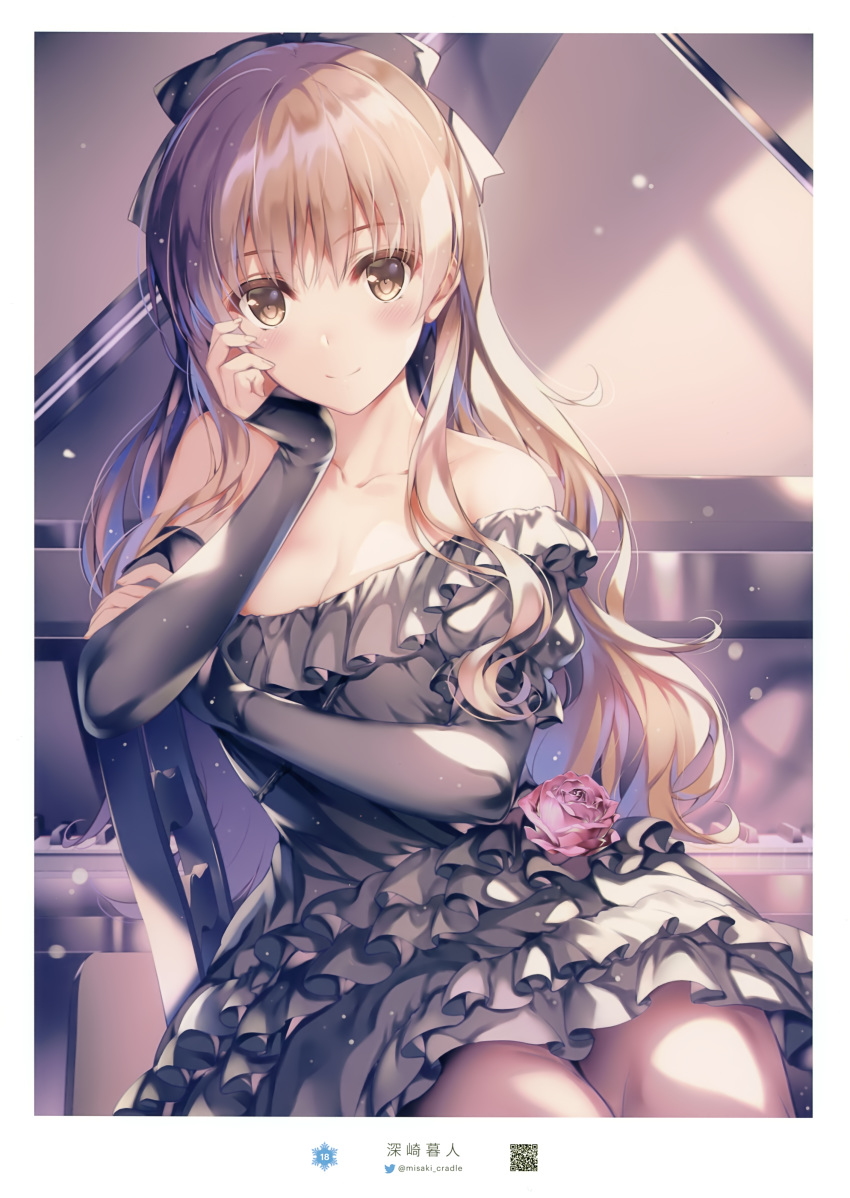 absurdres artist_name bangs bare_shoulders black_dress blush bow breasts brown_eyes brown_hair chair chin_rest cleavage dress eyebrows_visible_through_hair fingernails flower frills hair_bow hand_on_own_cheek highres indoors instrument long_hair looking_at_viewer medium_breasts misaki_kurehito ogata_rina page_number piano piano_keys puffy_sleeves rose scan shiny shiny_hair sitting sleeves_past_wrists smile solo white_album