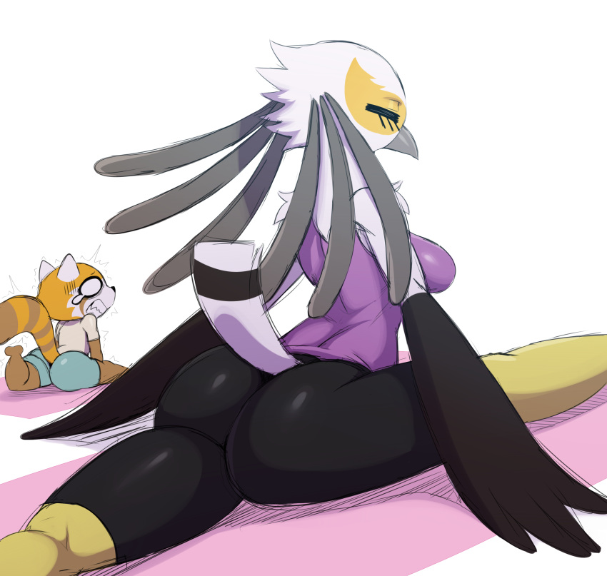 2018 aggressive_retsuko anthro avian bird breasts butt clothed clothing digital_media_(artwork) duo empty_eyes eyes_closed feather_hands female mammal pain red_panda retsuko sanrio secretary_bird shaking shirt splits spread_legs spreading sssonic2 t-shirt tank_top tears teeth washimi yoga yoga_pants