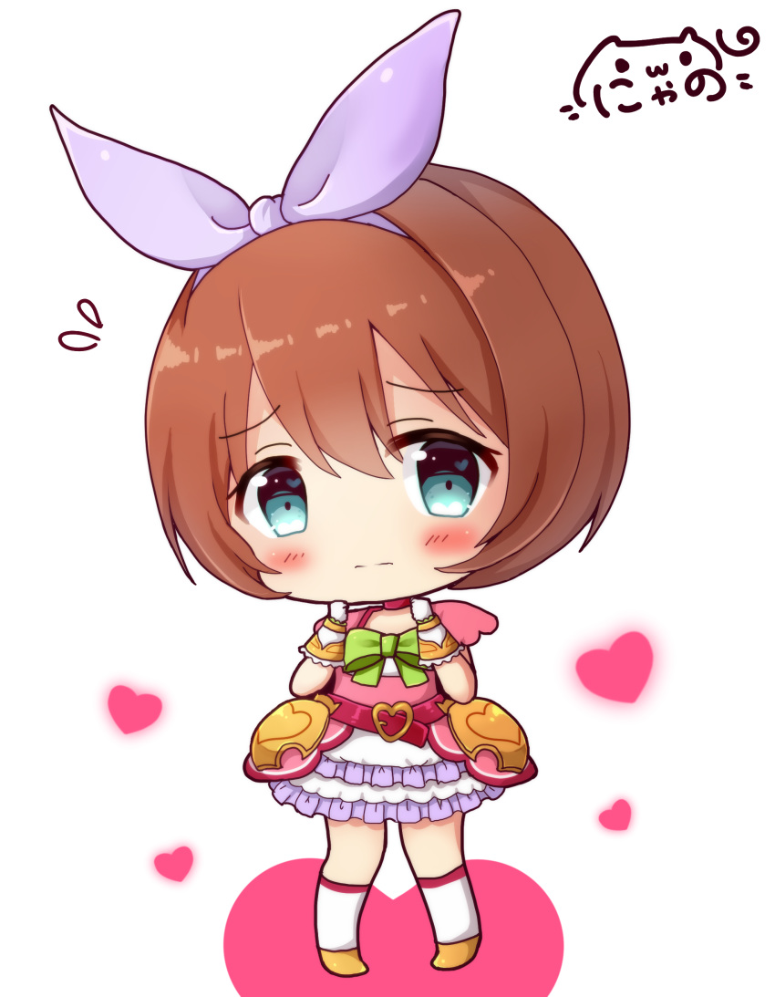 absurdres bangs belt belt_buckle big_head blue_eyes blush brown_hair buckle chibi choker clenched_hands closed_mouth commentary_request eyebrows_visible_through_hair flying_sweatdrops frilled_skirt frills gloves hair_between_eyes hair_ribbon hairband hands_up heart heart_buckle highres kneehighs kuribayashi_kurumi layered_skirt looking_at_viewer nyano21 pink_shirt princess_connect! purple_belt purple_hairband purple_ribbon red_choker ribbon shirt short_hair short_sleeves signature simple_background skirt solo standing white_background white_gloves white_legwear white_skirt