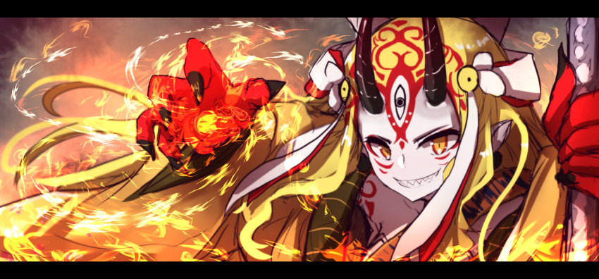 bad_id bad_pixiv_id blonde_hair collarbone earrings facial_mark fate/grand_order fate_(series) forehead_mark grin holding horns ibaraki_douji_(fate/grand_order) japanese_clothes jewelry kimono letterboxed long_hair looking_at_viewer oni oni_horns orange_eyes pointy_ears sharp_teeth smile solo teeth wada_kazu yellow_kimono