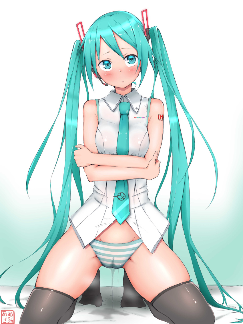 1girl absurdres amego artist_name bare_shoulders black_legwear blue_hair blue_neckwear blue_panties blush breasts cameltoe crossed_arms dated earpiece embarrassed female gradient_background hair_ornament hatsune_miku highres jpeg_artifacts kneeling long_hair looking_at_viewer matching_hair/eyes necktie number number_tattoo open_mouth panties parted_lips peeing peeing_self shiny_hair shirt skindentation sleeveless sleeveless_shirt small_breasts solo spread_legs striped_panties tattoo thighhighs tied_hair translated twintails underwear vocaloid wet_clothes wet_panties white_background white_shirt