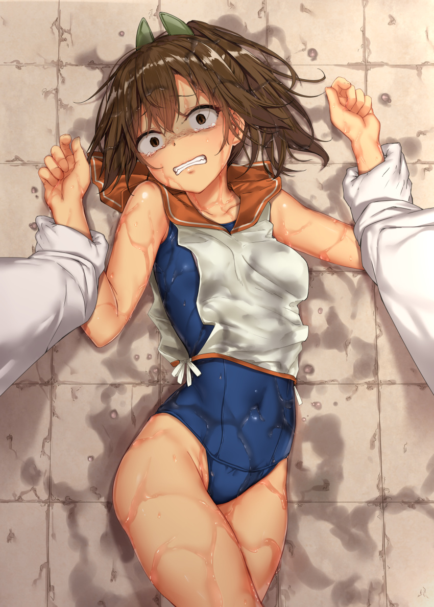 1girl absurdres admiral_(kantai_collection) arm_grab breasts brown_eyes brown_hair clenched_teeth commentary constricted_pupils covered_navel crying crying_with_eyes_open empty_eyes gloves hair_ornament hairclip highres i-401_(kantai_collection) imminent_rape jaku_denpa kantai_collection looking_at_viewer lying military military_uniform naval_uniform old_school_swimsuit one-piece_swimsuit one-piece_tan out_of_frame ponytail pov sailor_collar scared school_swimsuit school_uniform short_hair short_ponytail small_breasts solo_focus swimsuit swimsuit_under_clothes tan tanline tears teeth uniform wet wet_clothes wet_swimsuit white_gloves
