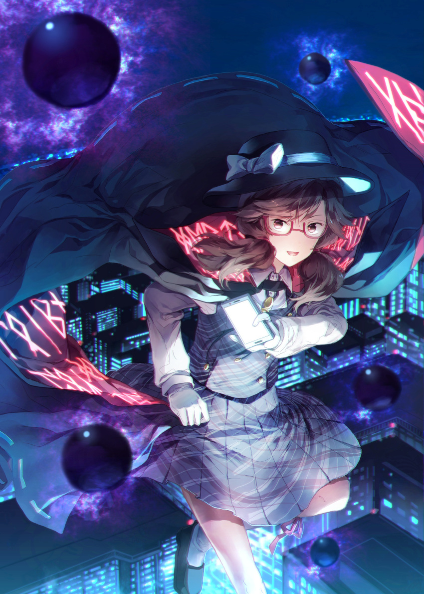 brown_eyes brown_hair building cape cellphone city city_lights fedora flying glasses gloves hat highres looking_at_viewer night no_nose occult_ball phone pleated_skirt red-framed_eyewear runes school_uniform short_hair short_twintails skirt smartphone smile solo sunakumo touhou twintails usami_sumireko